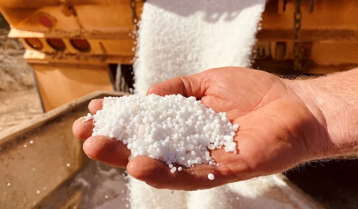 Гранулы удобрения в руке на фоне выгрузки продукции