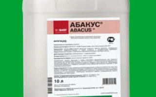 Канистра с фунгицидом АБАКУС на зеленом фоне
