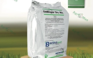 Белая упаковка с надписью Endospore Dry Mix на зеленом фоне - Эндоспор ДМ