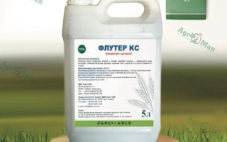 Бутылка с фунгицидом Флутер КС на деревянной подставке на фоне травы