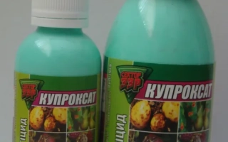 Две бутылки фунгицида Купроксат с этикетками, изображающими плоды