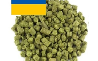 Зеленые гранулы хмеля на белом фоне с флагом Украины - Злато Полисся