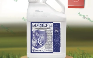 Бутылка с инсектицидом BIMMER на деревянной подставке на фоне травы - Биммер