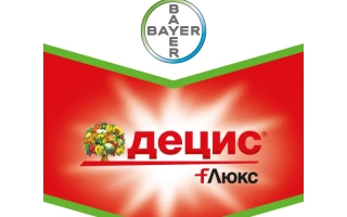 Логотип и название продукта Децис ф-Люкс на красном фоне с зелеными элементами.