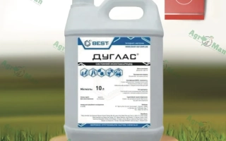 Канистра с инсектицидом Дуглас на деревянном подставке на фоне травы - Дуглас к.е.