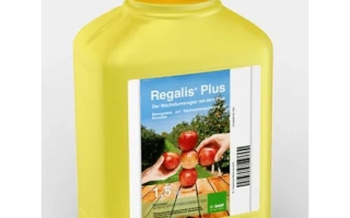 Желтая бутылка с этикеткой Regalis Plus и изображением яблок - МайкроСорч Плюс