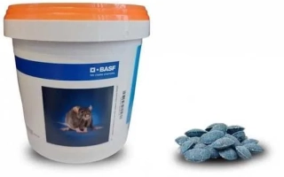 Белая банка с оранжевой крышкой и изображением мыши, рядом синие таблетки - Шторм®, ПБ