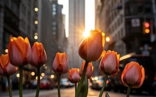 Тюльпаны на переднем плане с видом на Эмпайр Стейт на заднем фоне