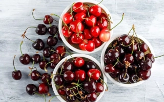 Красные вишни в белых мисках на светлом фоне - ПЕСКОВАЦКАЯ