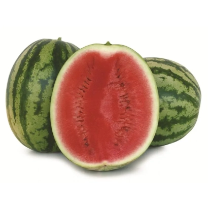 Арбуз Долби F1 — целый и разрезанный плод на белом фоне