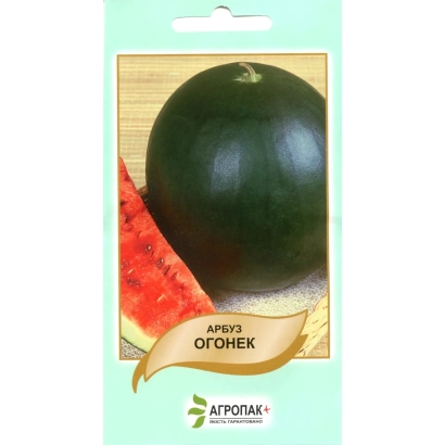 Пакет семян арбуза Огонек с изображением спелого арбуза и ломтика - ОГОНЬОК / ОГОНЕК