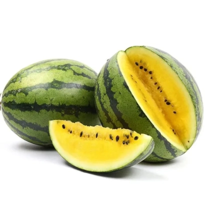 Срезанный арбуз ЖАРОК с желтой мякотью на белом фоне