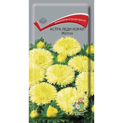 Пакет насіння астра Леді Корал Жовта з зображенням жовтих квітів