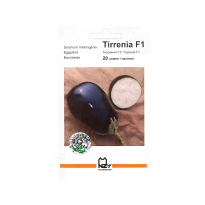 Пакет насіння баклажана Tirrenia F1 з зображенням плоду та нарізом - Тиррения F1