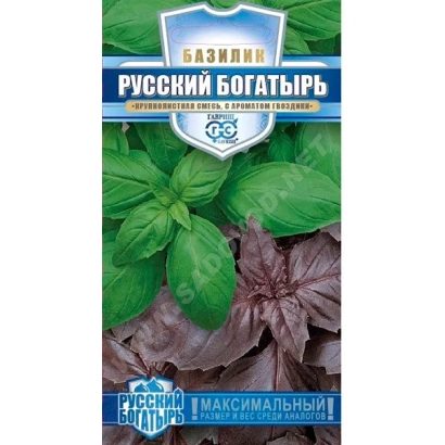 Basil seed packet RUSSIAN BOGATYR with leaf imagery