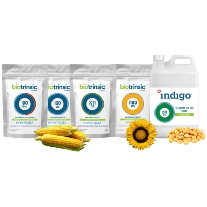 Упаковка биопрепарата Biotransik i433 PS с изображением кукурузы и подсолнуха - Биотринсик и433 ПС
