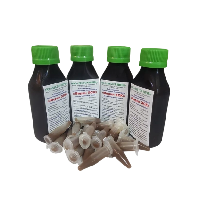 Пять флаконов с зелёными крышками и пробками, на этикетке указано «Вирин-ЗСП в.р.»