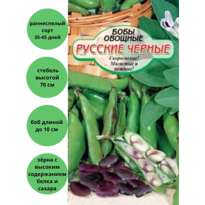 Пакет семян бобов «Русские черные» с изображением стручков и цветов - СИБИРСКИЕ