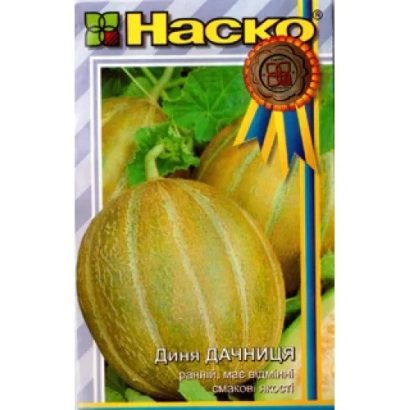 Seed packet for melon Dachnitsya with fruit image and ribbon