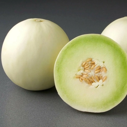 Срезанная дыня с семенами и две целые дыни на сером фоне - ЛЬЮИЛЛА