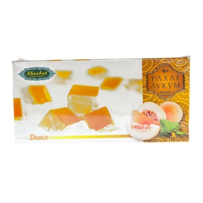 Packaging RAHAT-LUKUM melon with image of candy pieces and melon