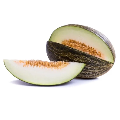 Slice of melon with seeds on white background - Reymiel