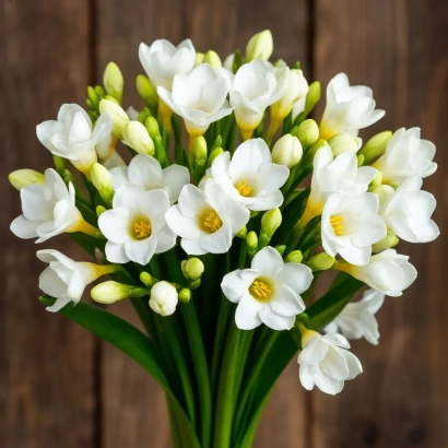 Bouquet of white Freesia flowers on a wooden background - Anniversary