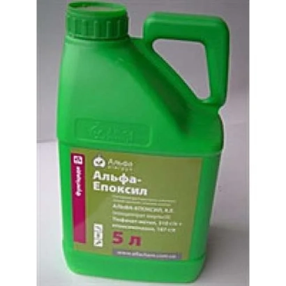 Green container with label Alpha-Epoxyl volume 5 L