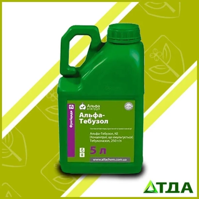 Зеленая канистра с этикеткой Альфа-Тebuзол на зеленом фоне