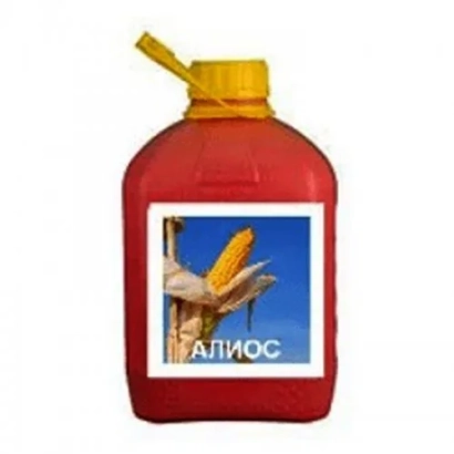 Красная бутылка с желтой крышкой и изображением кукурузы, на которой написано «АЛИОС»