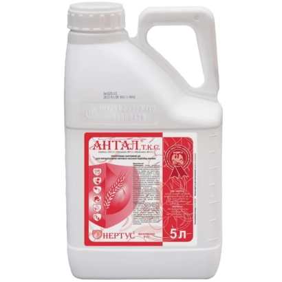 White jug with red label of product Antal c.e. volume 5 l.