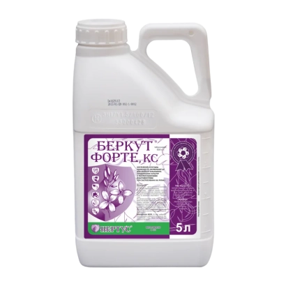 Белая канистра с этикеткой «Беркут Форте» и изображением цветов
