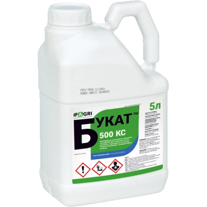 Біла канистра з етикеткою БУКАТ 500 КС