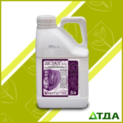 Bottle of fungicide DEZAL K.S. with 5 L volume on green background