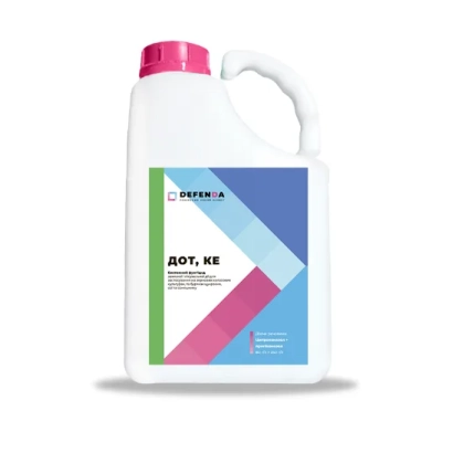 Bottle of fungicide DOT, KE on white background