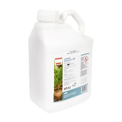 White jug with label showing a plant and text, but without readable product name Eminent