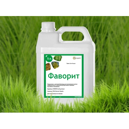 White jug with label Favorit on green background