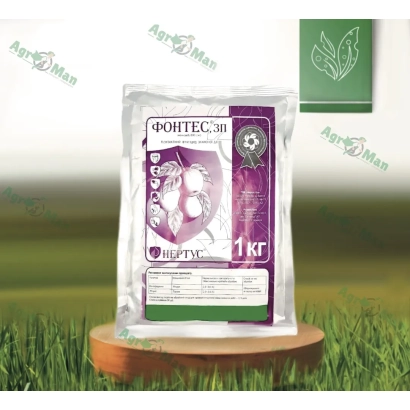 Packaging of fungicide FONTEK 30 weighing 1 kg on a wooden stand against a grass background. - Fontes