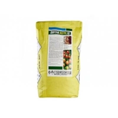 Жовтий мішок з фунгіцидом Фортуна к.с. з етикеткою та зображенням оброблених культур.