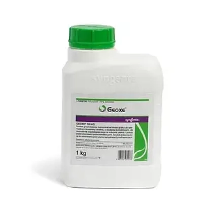 Бутылка с фунгицидом Геокс 50 WG, зелёная крышка и этикетка с логотипом Geox