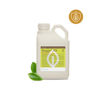 Бутылка с фунгицидом Икарус 250 на зелёном фоне