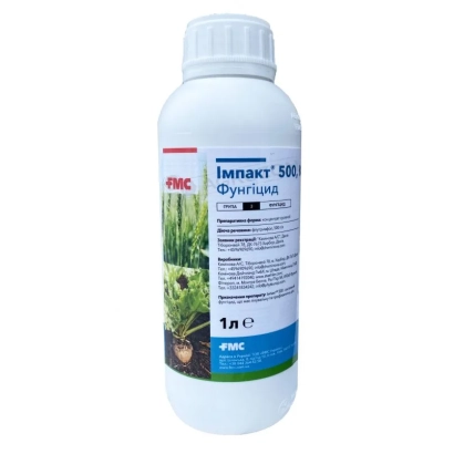 Bottle of fungicide Impact K with label and plant imagery