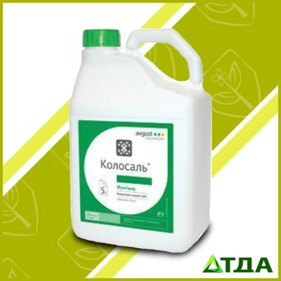 Белая канистра с зелёной крышкой и этикеткой Колосаль на зелёном фоне - Колосаль к.е.