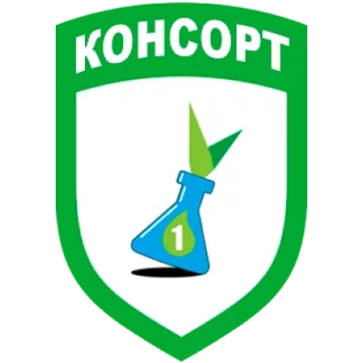 Логотип продукта Консорт в зелёном щите с изображением пробирки и ростка