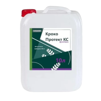 Белая канистра с этикеткой Кроко Протект КС, зелёный фон с изображением листьев