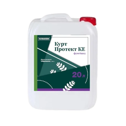 Белая канистра с этикеткой Курт Протект КЕ, зелёно-фиолетовый дизайн с изображением листьев и надписью 20 л