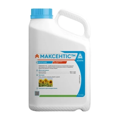 Бутылка фунгицида Максентис с этикеткой и изображением подсолнухов.