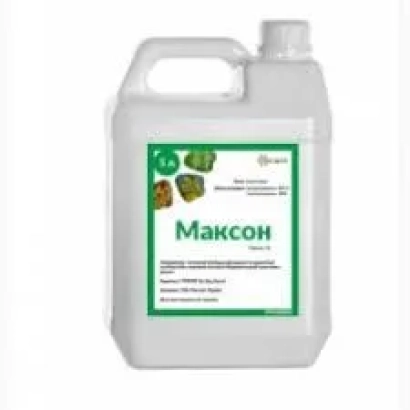 Біла канистра з етикеткою Максон для фунгіцидів