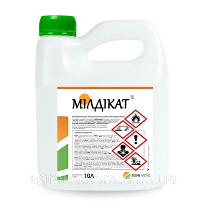 White jug with green cap and label reading МІЛДІКАТ - Mildicat 25