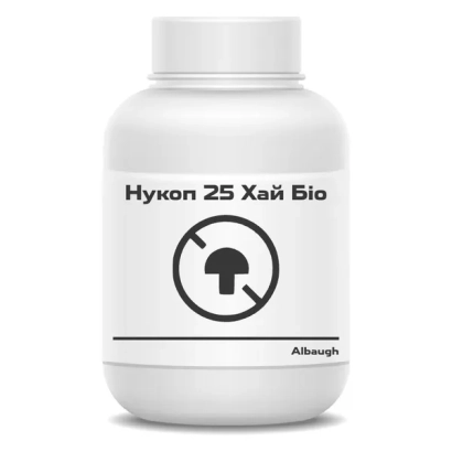 Біла пляшка з етикеткою Нукоп 25 Хай Біо та символом заборони на грибницю